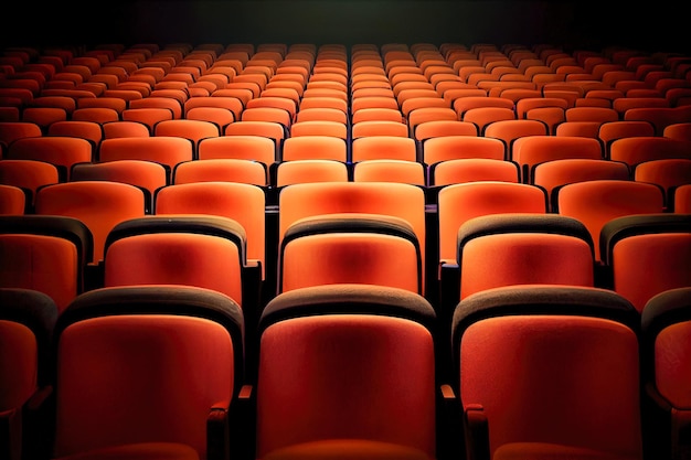 An empty theater with orange seats and the word " the word " on the front. "