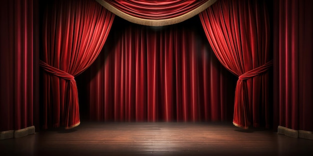 Photo empty theater with red curtains and wooden floor stage scene with light