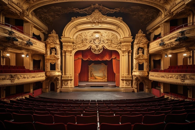 Foto un teatro vuoto con sedili rossi e un dipinto appeso al muro un grande teatro dell'opera con dettagli dorati generati dall'ia