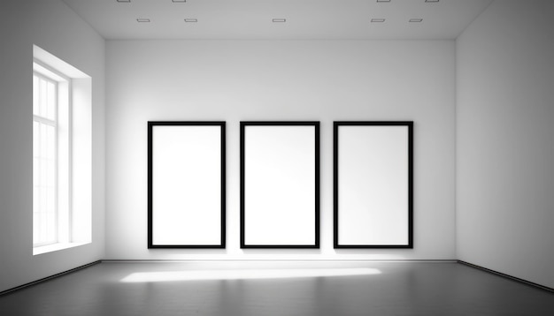部屋のモックアップの白い壁に空の 3 つの白黒フレーム