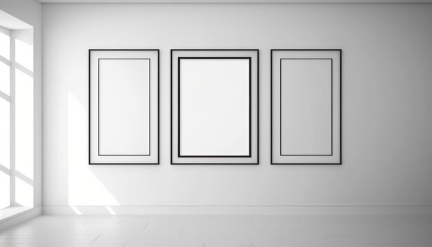 Empty three whiteblack frames on a white wall in the room Mockup