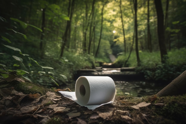 Empty toilet paper roll in the forest created with generative ai