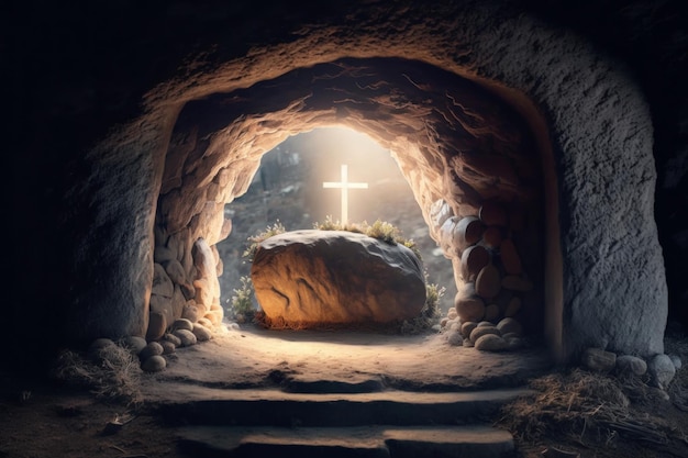 Empty tomb resurrection of Jesus Christ Easter themed image Generative AI