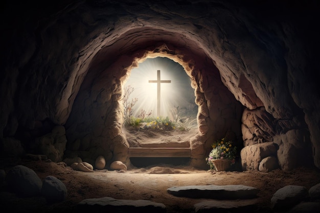 Empty tomb resurrection of Jesus Christ Easter themed image Generative AI