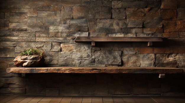 Photo empty top of natural stone shelves and stone wall