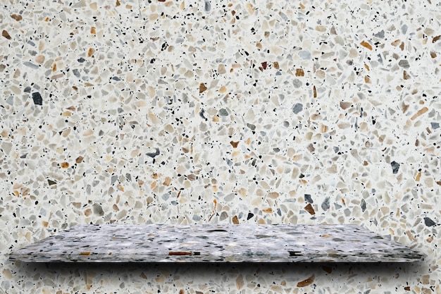 Empty top of polished terrazzo stone shelves on terrazzo background