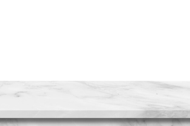 흰색 배경에 있는 흰색 대리석 석재 테이블의 빈 상단은 제품 디스플레이에 사용할 수 있습니다.
