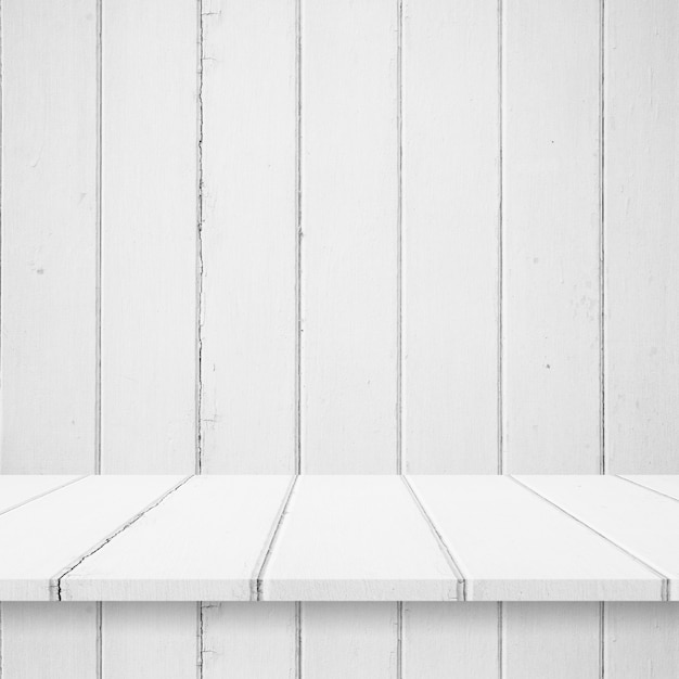 Empty top Wood shelves or table on wall background.