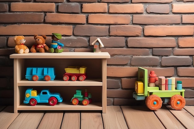 Empty top wooden table and antique toy on wood shelf with brick wall For product display montage