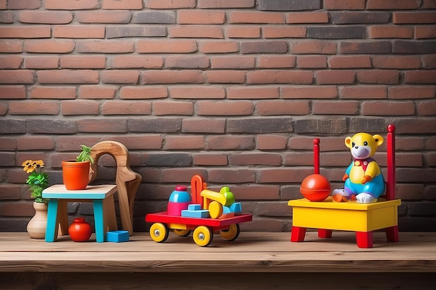 Empty top wooden table and antique toy on wood shelf with brick wall For product display montage