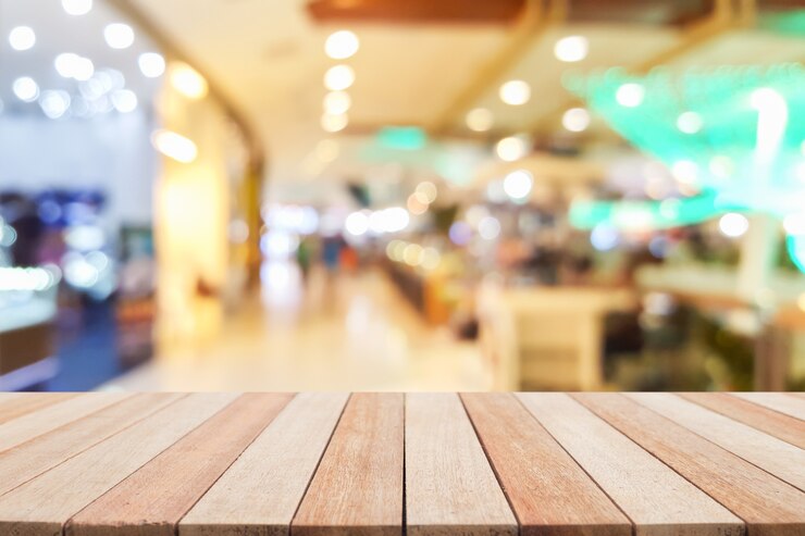 Photo empty top wooden table and blur with bokeh background 