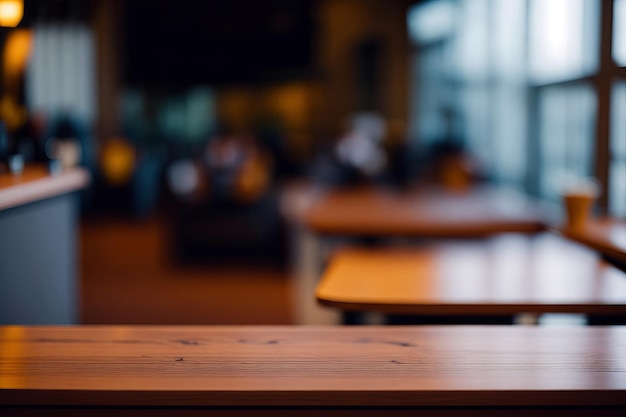 Empty top wooden table and blur with bokeh cafe background For product display