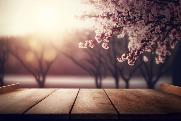 Empty top wooden table and sakura flower with fog and morning light background