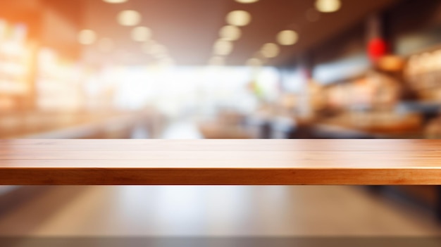 Empty top wooden table with supermarket blur