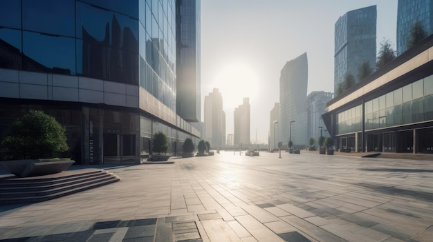 Empty town square with concrete floor in front of office buildings Generative AI AIG21