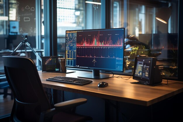 Empty traders workplace with a glass walled office computer and trading charts