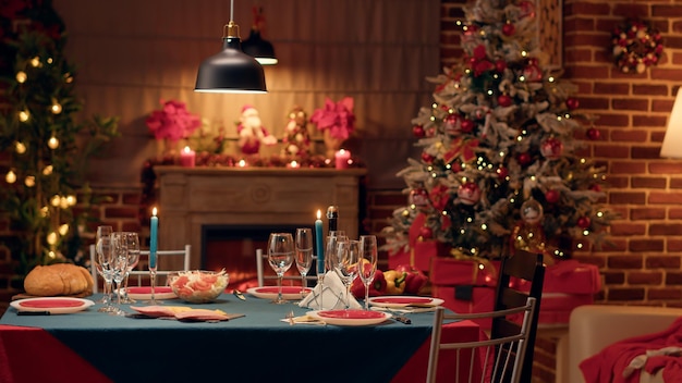 Empty traditional christmas dinner table inside decorated\
living room with holiday garlands and dinnerware. interior of\
traditional and authentic season cozy setting celebrating religious\
event.