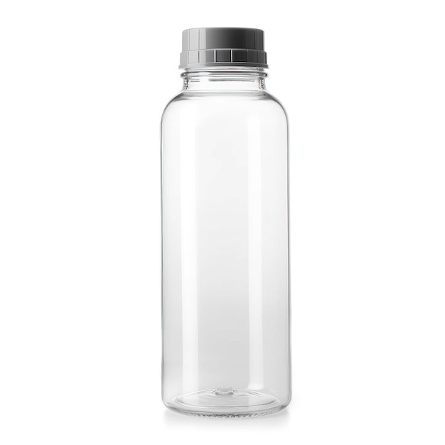 クリッピング パスを白で隔離される銀のキャップと空の透明なボトル