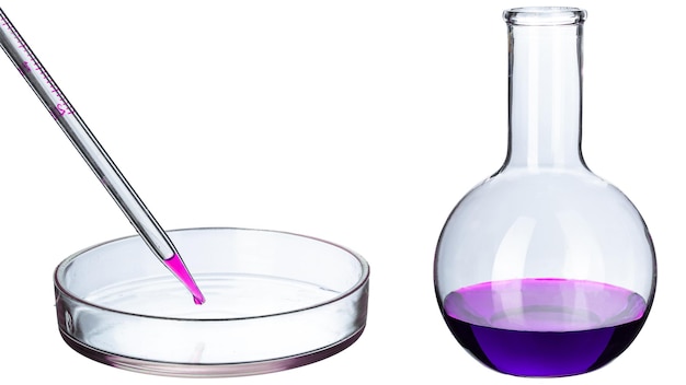 Empty transparent glass laboratory vessels with a purple chemical beaker on white background