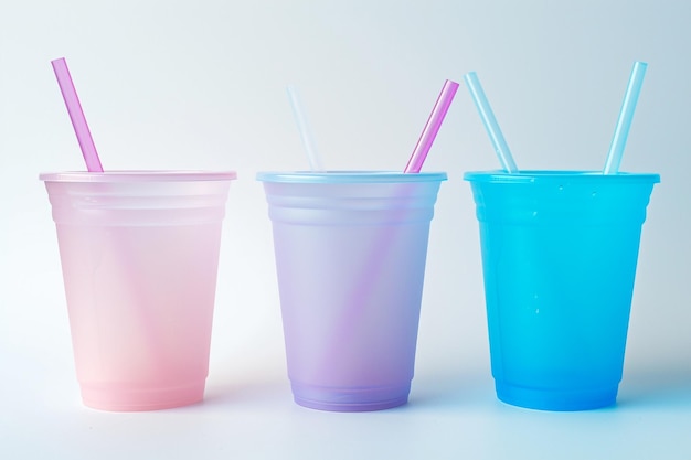 Photo empty transparent plastic cups with straw on white background mock up ar c