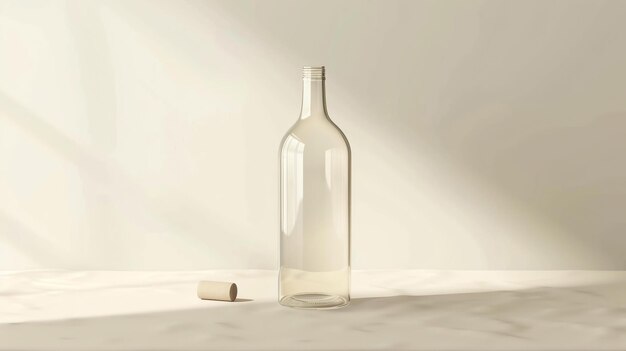 An empty transparent wine bottle with cork on a beige background The bottle is in the center of the image and the cork is to the left of it