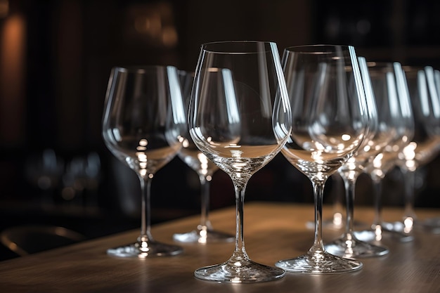 Empty transparent wine glasses on a table on dark background AI generated