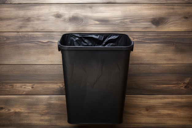 Фото Пустой мусорный бак на деревянном полу. вид сверху. баннер с пустым мусорным баком. корзина для мусора с пластиковой упаковкой.