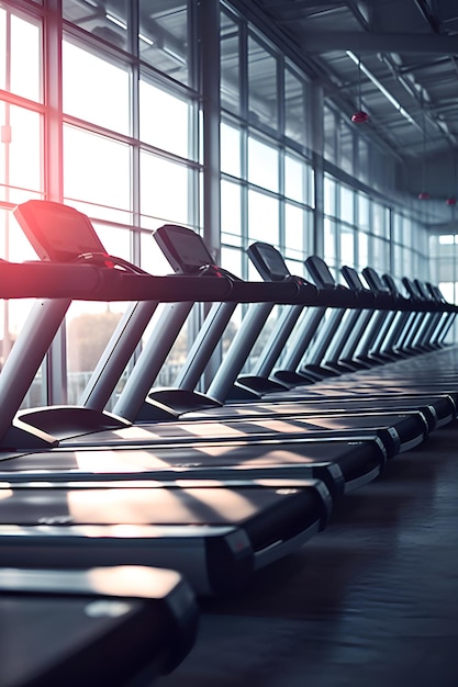 Empty treadmills in a gym with a window that says gym on the right