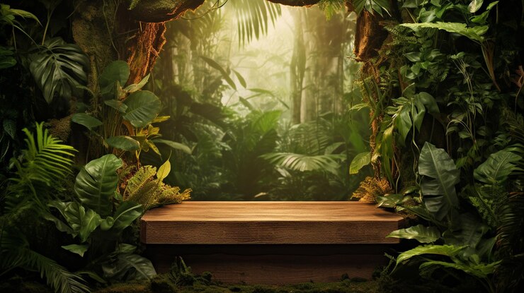 Photo empty tropical wooden table with palm leaves