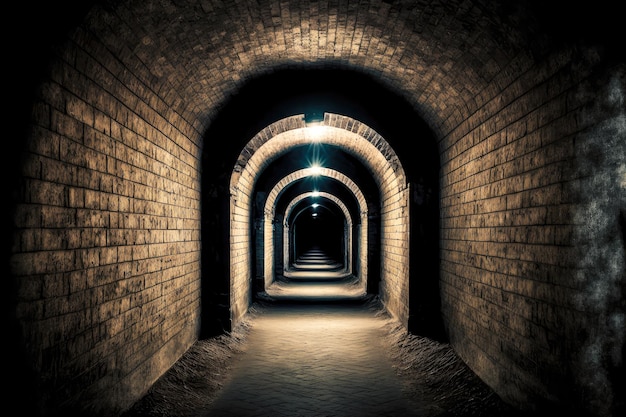 Empty tunnel illuminated by leading lamps in abandoned bunker