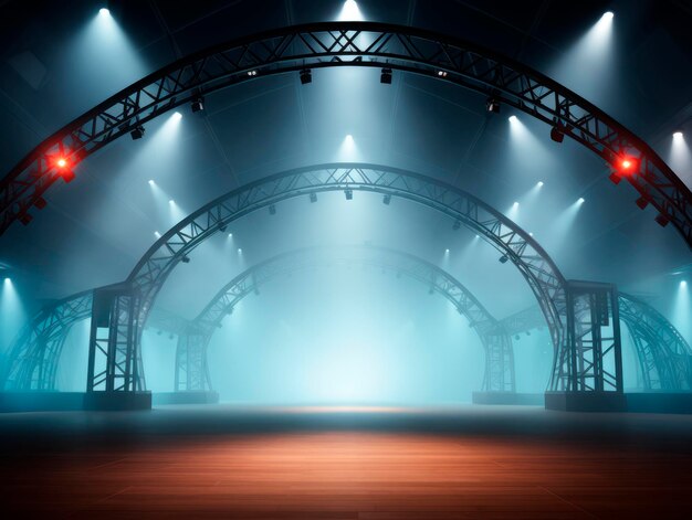 Empty tunnel stage background with fog and ceiling spotlights mockup Generative AI