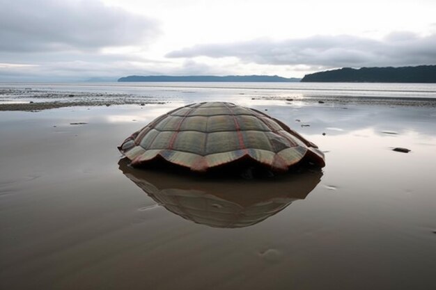 Пустая раковина черепахи оказалась на пляже после цунами, созданном генеративным искусством.