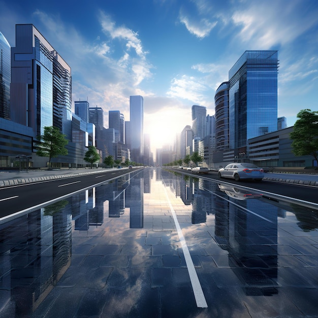 an empty urban asphalt road and city buildings in the background