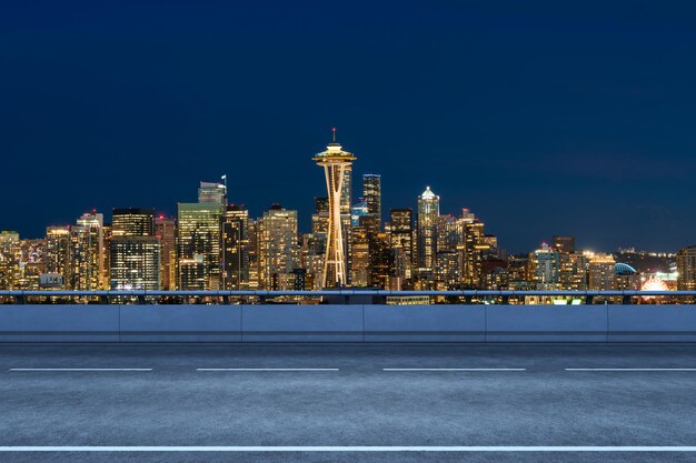 Empty urban asphalt road exterior with city buildings
background new modern highway concrete construction concept way to
success transportation logistic industry fast delivery seattle
usa