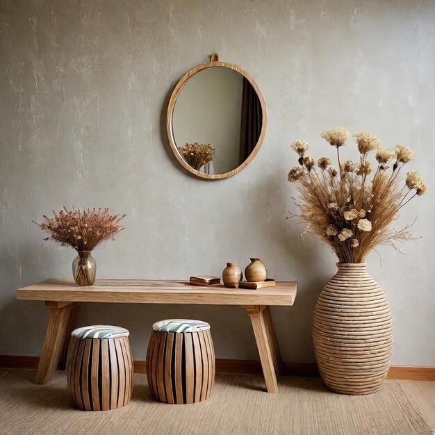 пустая ваза с букетом цветов и ваза на деревянном столе в комнате с зеркалом и стулом в современном стиле