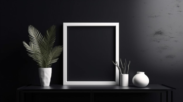 Empty vertical frame mockup in modern minimalist interior with plant on black wall generative ai