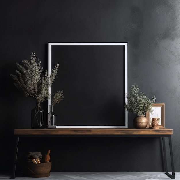 Empty vertical frame mockup in modern minimalist interior with plant on black wall generative ai