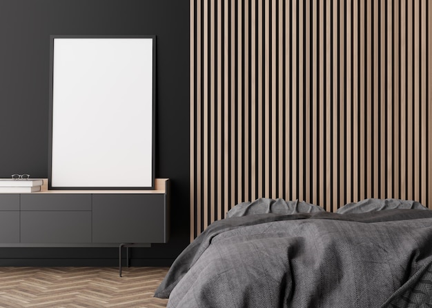 현대적인 침실의 검은색 벽에 있는 빈 수직 그림 프레임 미니멀리즘 현대적인 스타일로 내부를 조롱하십시오. 사진 침대 콘솔 3D 렌더링을 위한 여유 공간 복사 공간