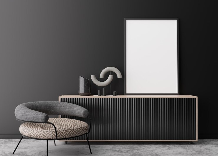 Photo empty vertical picture frame on black wall in modern living room mock up interior in contemporary style free space for picture poster console armchair 3d rendering