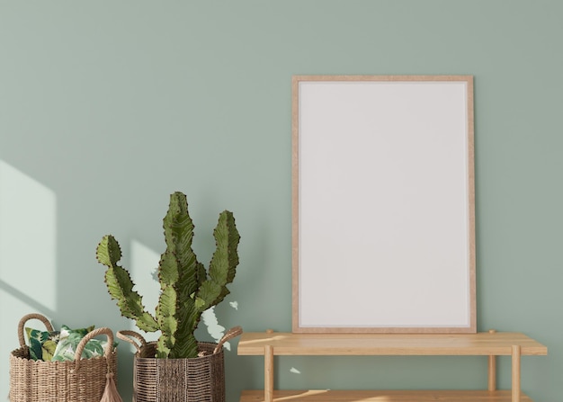 Empty vertical picture frame on light green wall in modern living room Mock up interior in contemporary style Free copy space for picture Rattan basket cactus 3D rendering