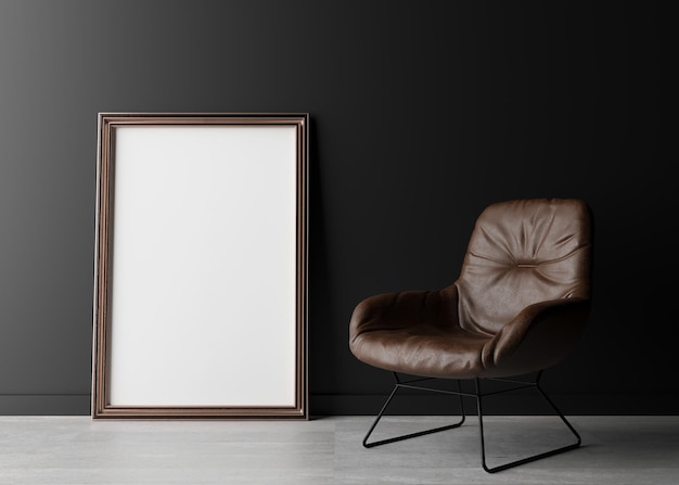 Empty vertical picture frame standing on the floor, with black\
wall and brown leather armchair. mock up interior in minimalist\
style. free space, copy space for your picture or text. 3d\
rendering.