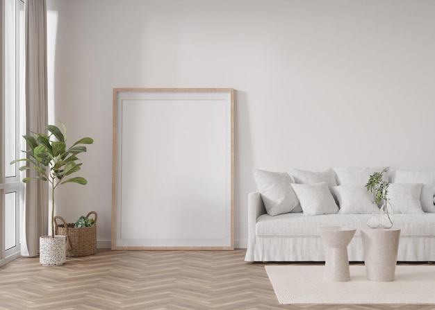 Empty vertical picture frame standing on parquet floor in modern living room Mock up interior in scandinavian style Free copy space for picture Sofa plants 3D rendering