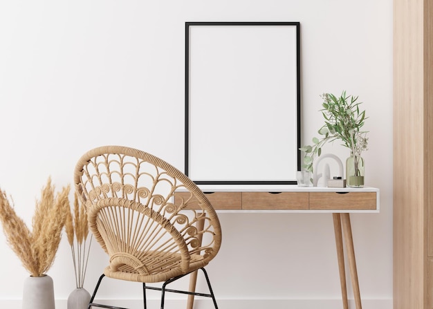 Empty vertical picture frame standing on wooden desk in modern living room Mock up interior in contemporary boho style Free copy space for your picture Vase pampas grass rattan chair 3D render