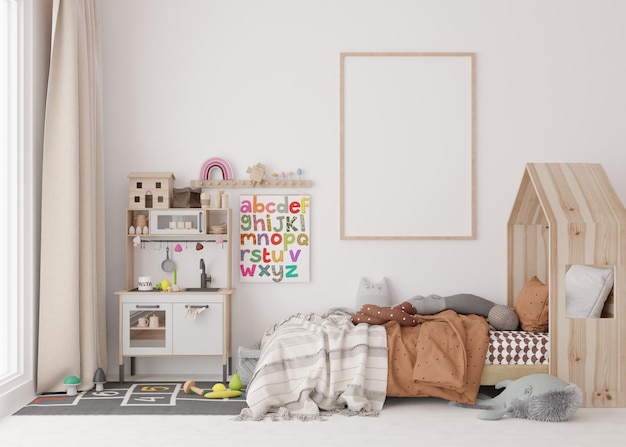 Empty vertical picture frame on white wall in modern child room Mock up interior in scandinavian style Free copy space for your picture Bed toys Cozy room for kids 3D rendering