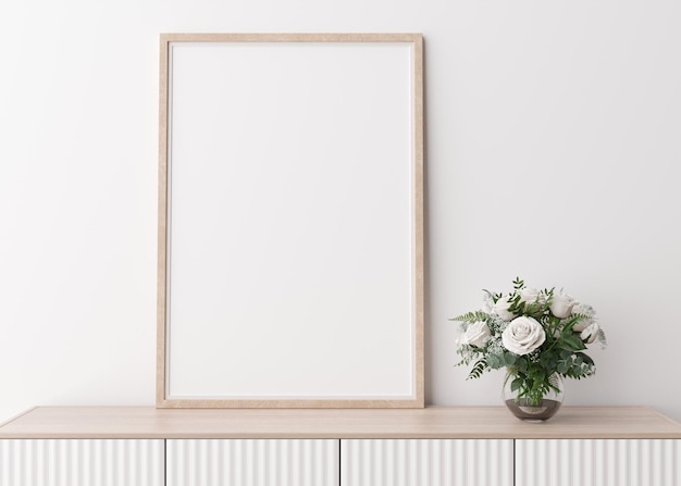 Empty vertical picture frame on white wall in modern living room Mock up interior in minimalist scandinavian style Free space for picture Console flowers in vase 3D rendering