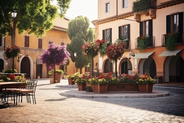 Foto piazza vuota del villaggio con caffè all'aperto e finestre piene di fiori