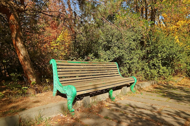 Foto panchina vintage vuota in un parco autunnale