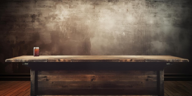 Empty vintage studio bar with a dark table grunge counter and abstract banner