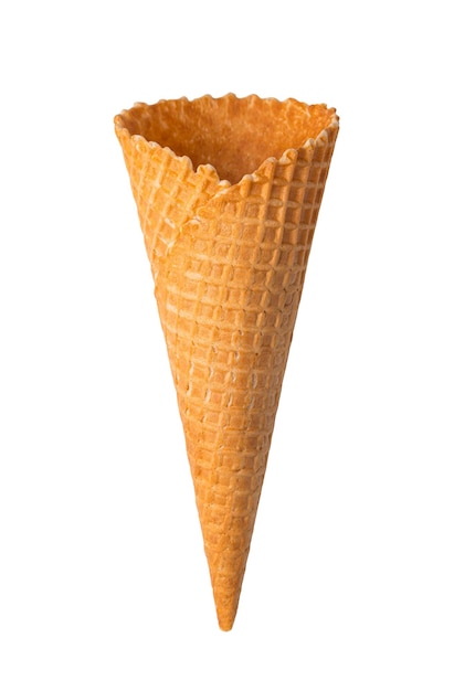 An empty waffle ice cream cone is isolated on a white background