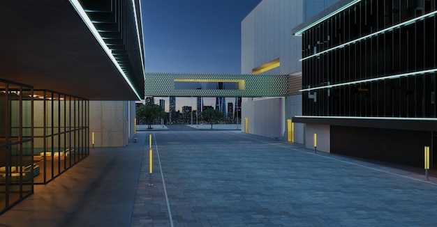 Empty walkway road and modern office buildings exterior. Night scene. 3d rendering